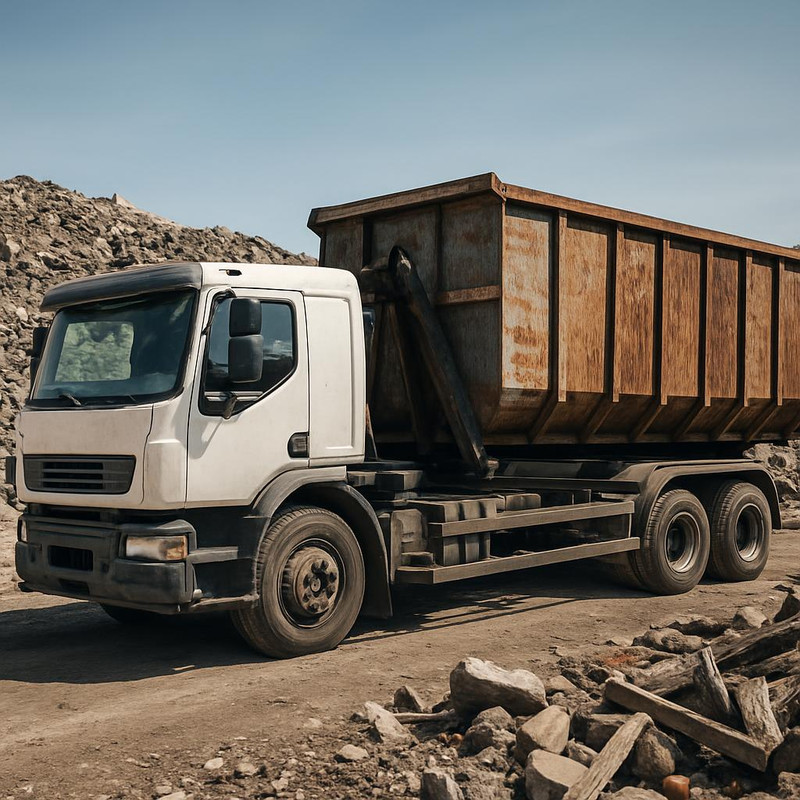 Грузовик с контейнером для вывоза строительного мусора на свалку