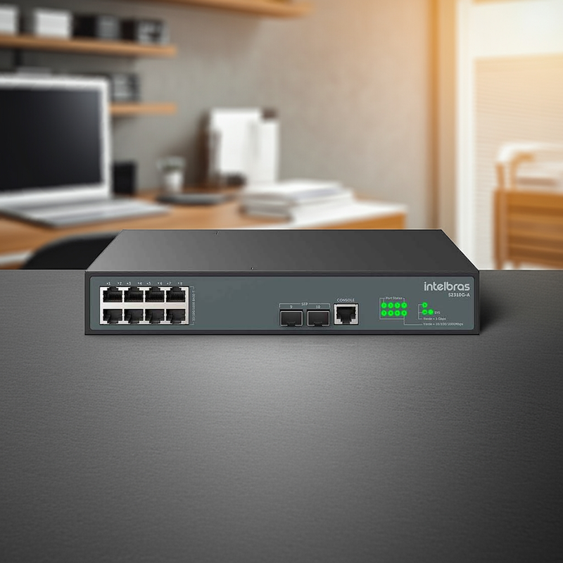 Detalhe da parte traseira do Switch Intelbras S2310G-A, evidenciando as opções de energia.