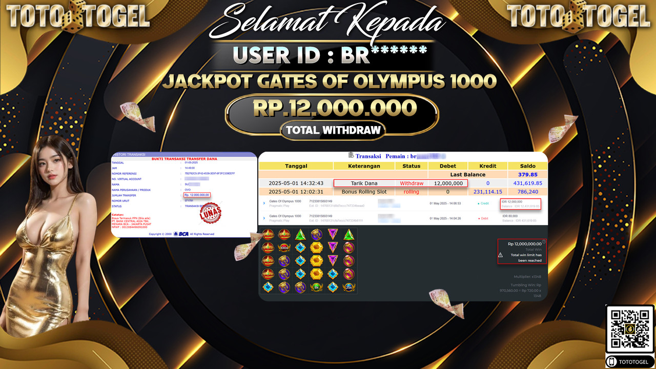 Bukti Pembayaran Jackpot  Permainan Slot Gates Of Olympus 1000 ID:BR***** LUNAS
