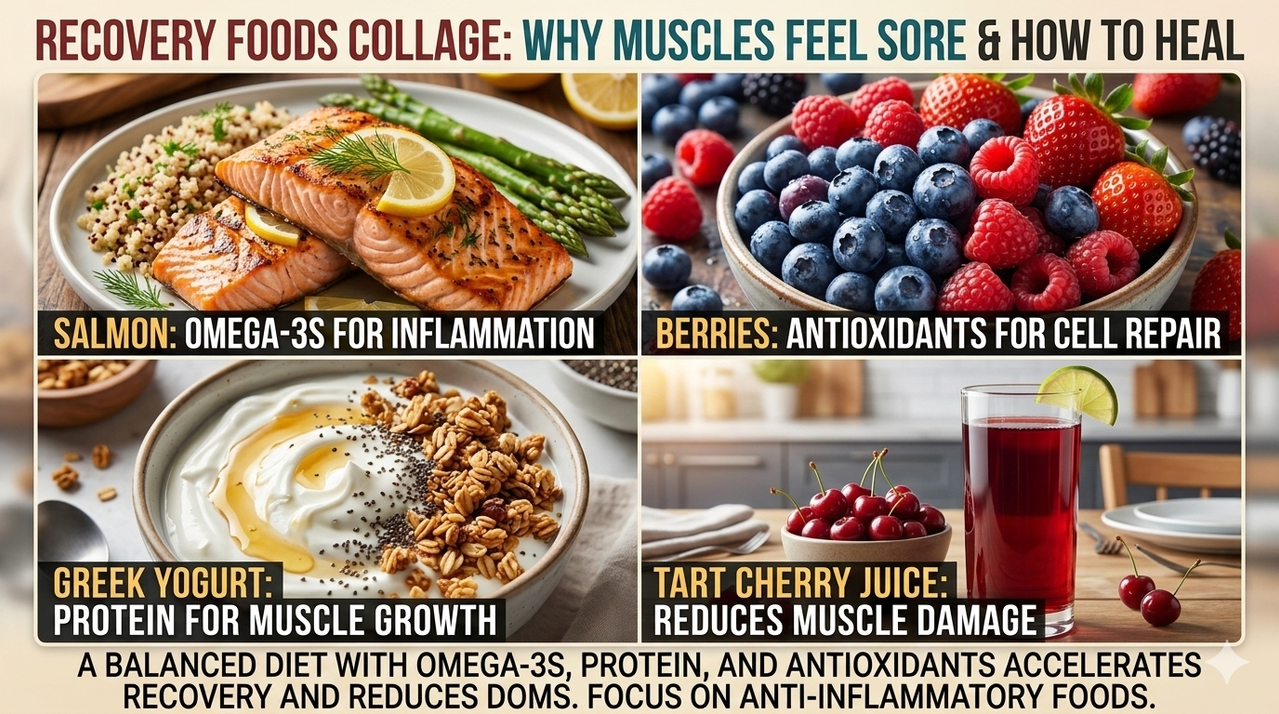 Collage of recovery foods: salmon, berries, Greek yogurt, and tart cherry juice for why muscles feel sore after training and how to heal