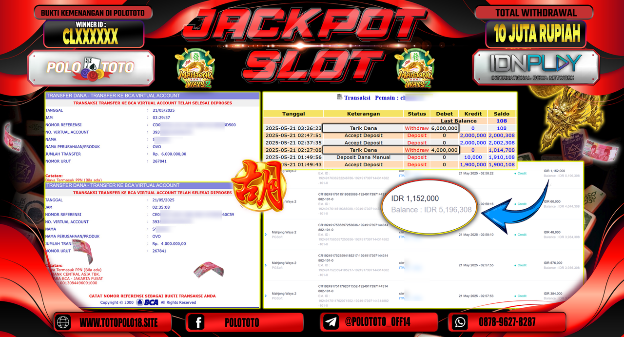 POLOTOTO JACKPOT SLOT MAHJONG WAYS 2 Rp.10.000.000,-