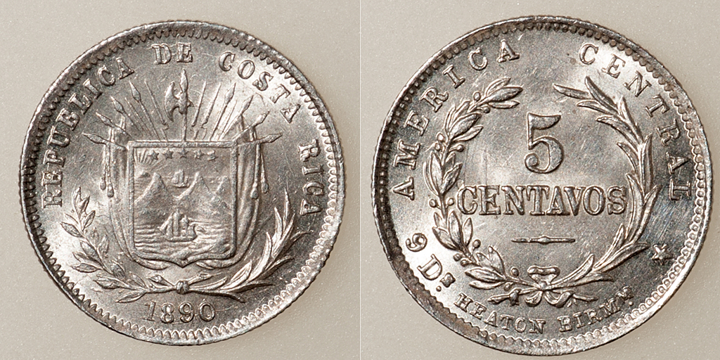 5 centavos de peso. Costa Rica. 1890. En agradecimiento a Ajuntachapas. PAS5371b