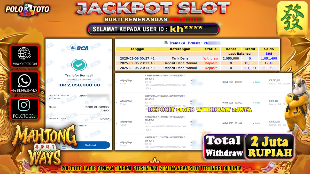 POLOTOTO JACKPOT SLOT MAHJONG WAYS Rp.2,050.000,-