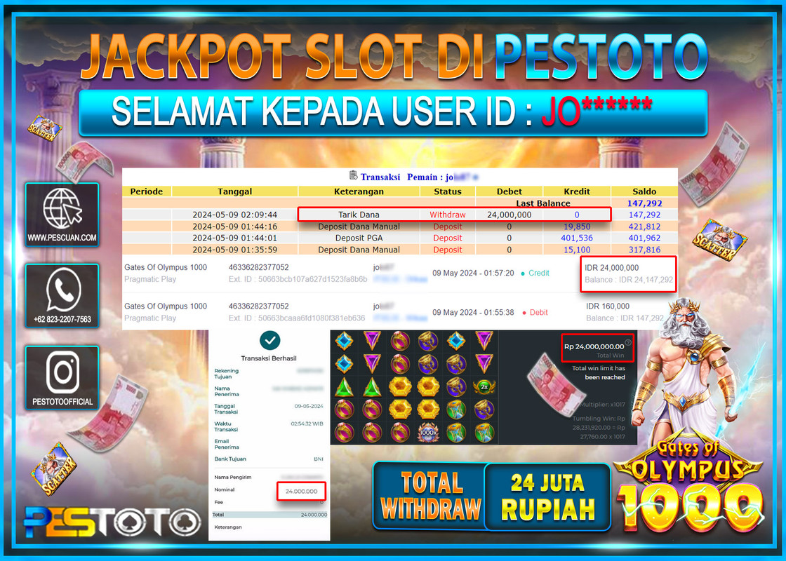 HANYA DI PESTOTO JP PASTI DI BAYAR LUNAS DAN CEPAT!!!!!! JP SLOT{ GATES OF OLYMPUS 1000 } Rp.24.000.000 !!!!!