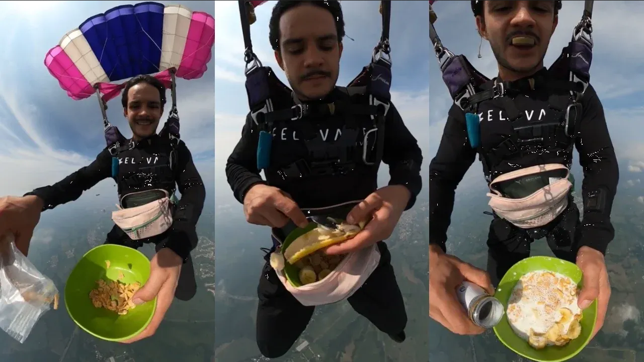 Paracaidista se vuelve viral por desayuna cereal en las alturas