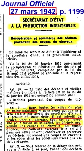 Holocaust - Arrêté du 27 mars 1942 - recyclage des cheveux en France - hair - decree