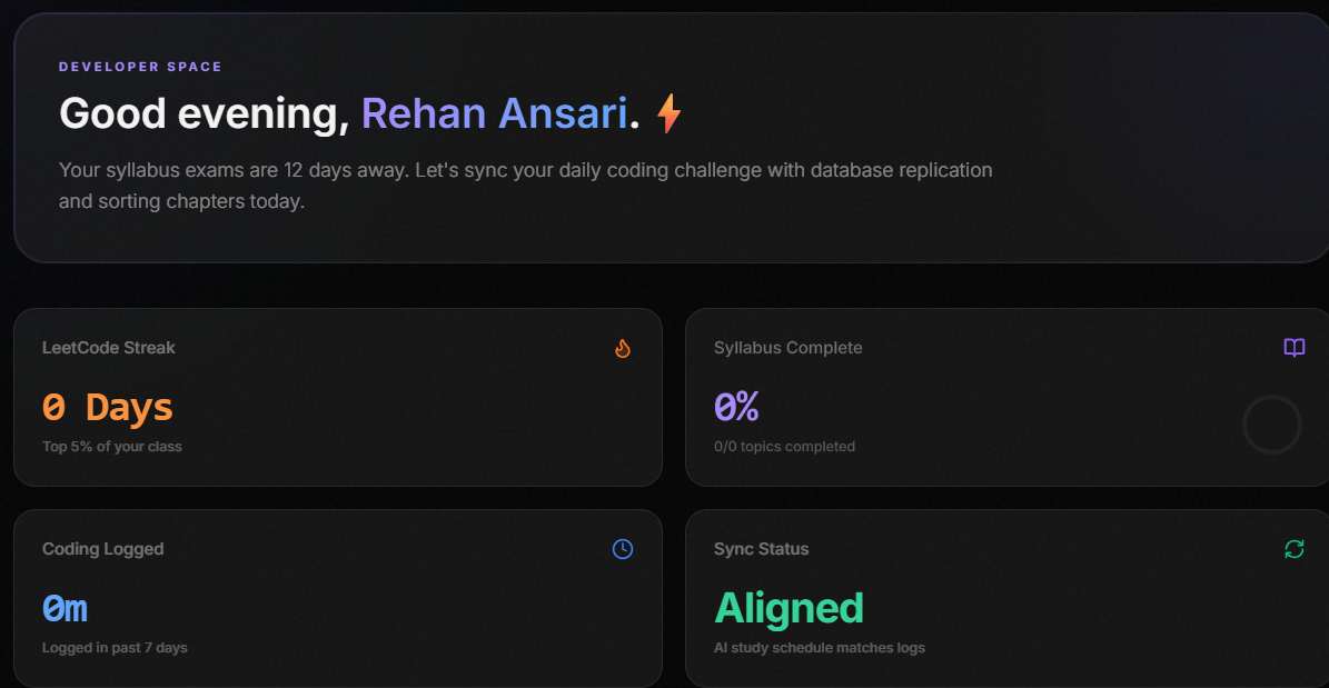 SyncDEV dashboard showing syllabus progress and code tracking