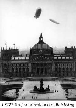 El Reichstag siendo sobrevolado por el Zeppelin LZ127 Graf