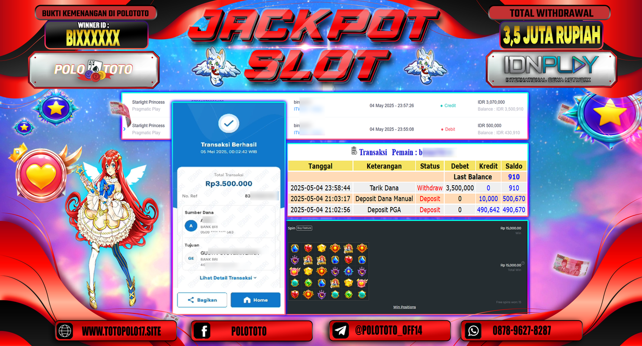 POLOTOTO JACKPOT SLOT STARLIGHT PRINCESS Rp.3.500.000,-