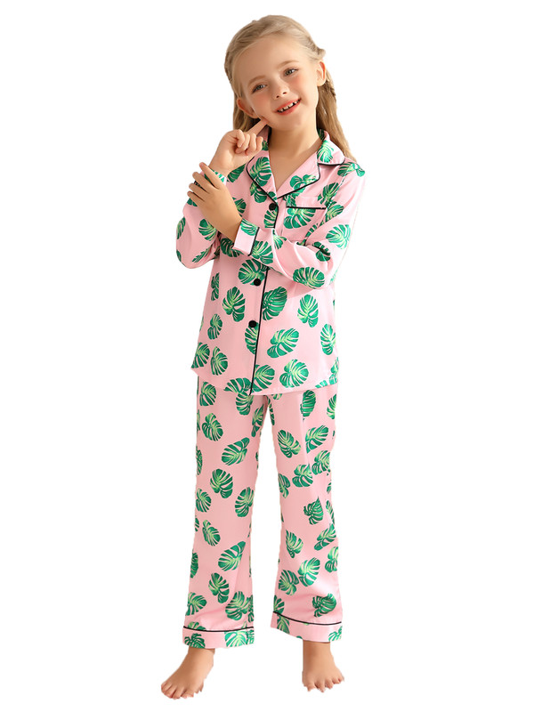 C0053 Green leaf silk button down pjs set (1)
