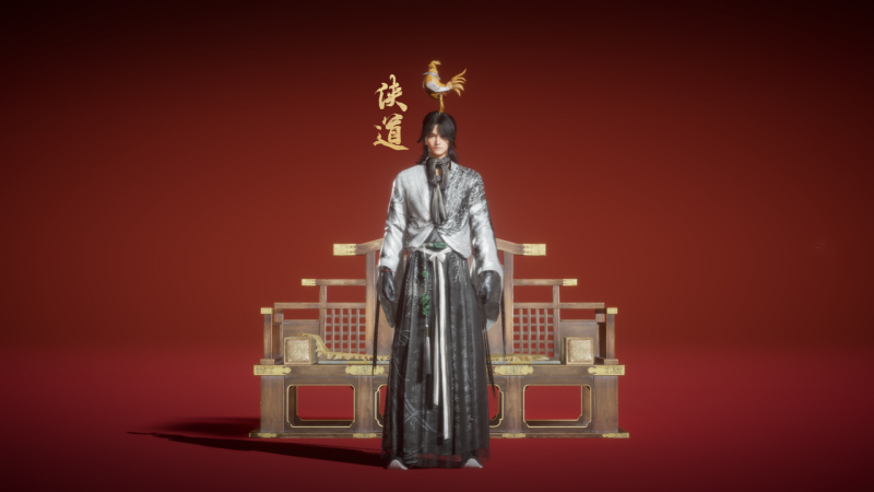 empty red backdrop. In the dead center: WWM player character in premium garb, standing in front of a premium bench, wearing the premium chicken head accessory.
