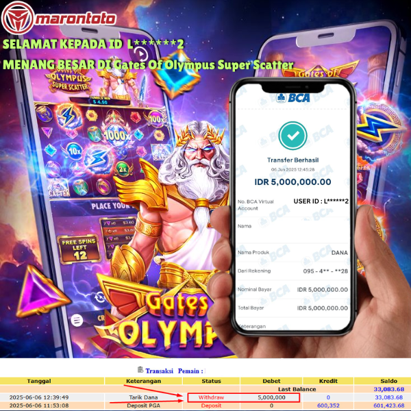 Bukti Kemenangan Member Marontoto Sebesar 5,000,000 JuTa