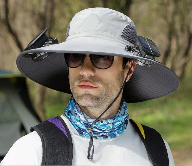 Light Grey Dual Solar Fan Hat with Rechargeable Battery - Wide Brim UPF 50+ Sun Protection Bucket Hat for Fishing & Outdoor Work