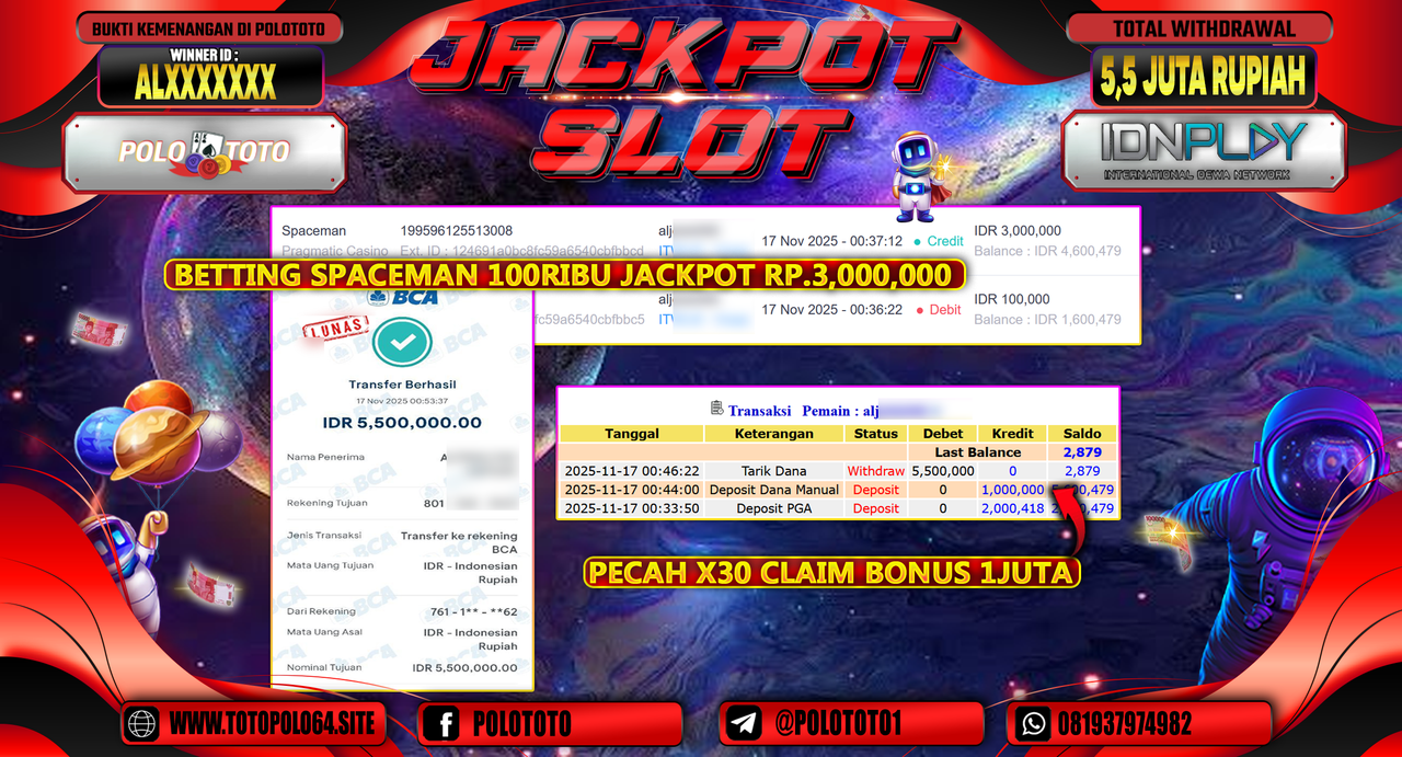 POLOTOTO JACKPOT SLOT SPACEMAN Rp.5.500.000,- LUNAS
