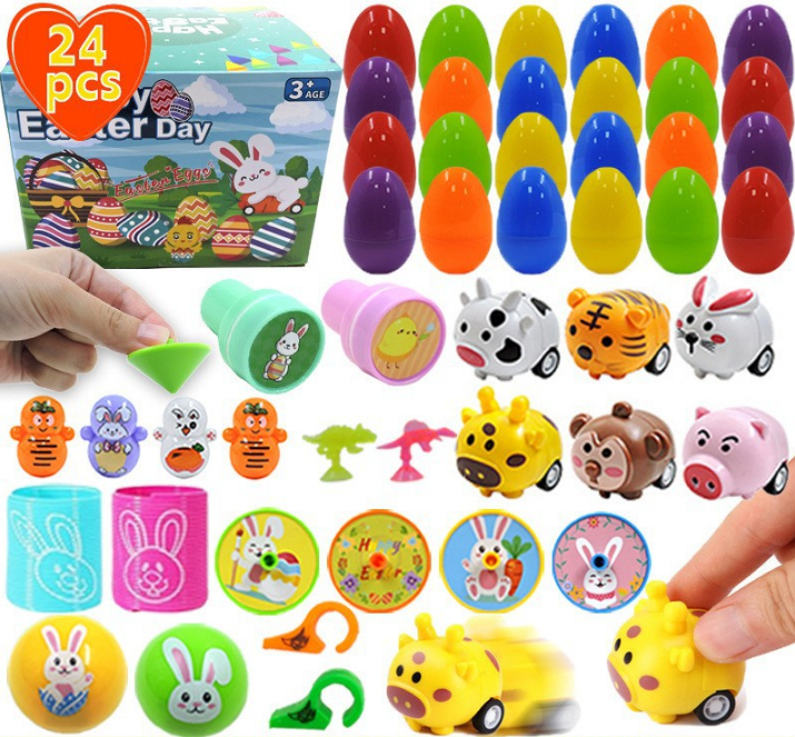24 PCS Easter Eggs with Toy Fillers - Surprise Plastic Eggs & Mini Toys Set - Ideal for Kids Egg Hunt & Party Favours