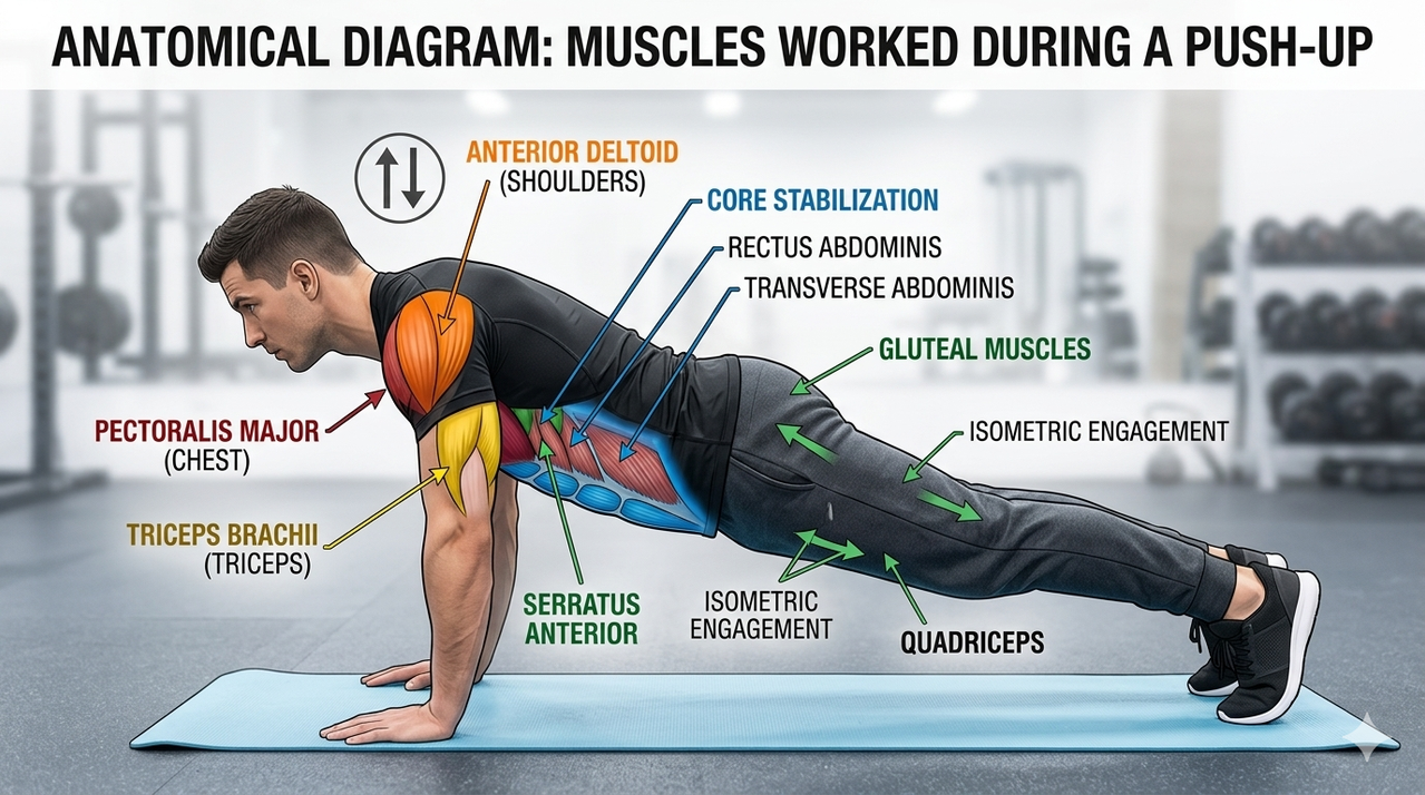 Anatomical diagram showing muscles worked during push-up chest pectorals shoulders deltoids triceps and core stabilization muscles highlighted