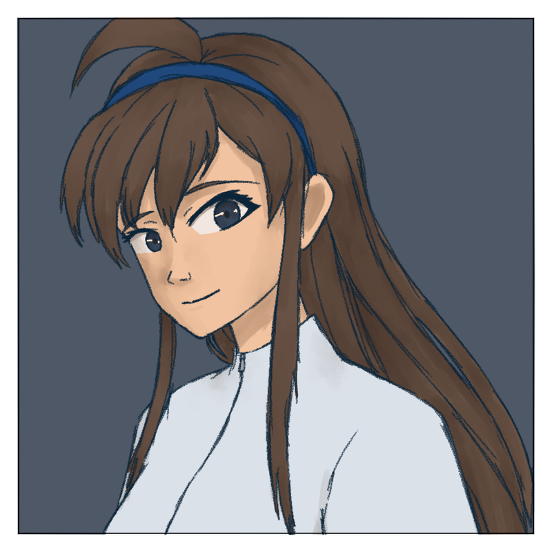 A digital drawing of Dia from the shoulders up. Dia has light 
    skin and pointed, blue-black eyes. She wears a headband in long, dark brown hair, which features a prominent ahoge and two long strands in 
    front to either side of her bangs. She wears a white jacket which is zipped all the way up.