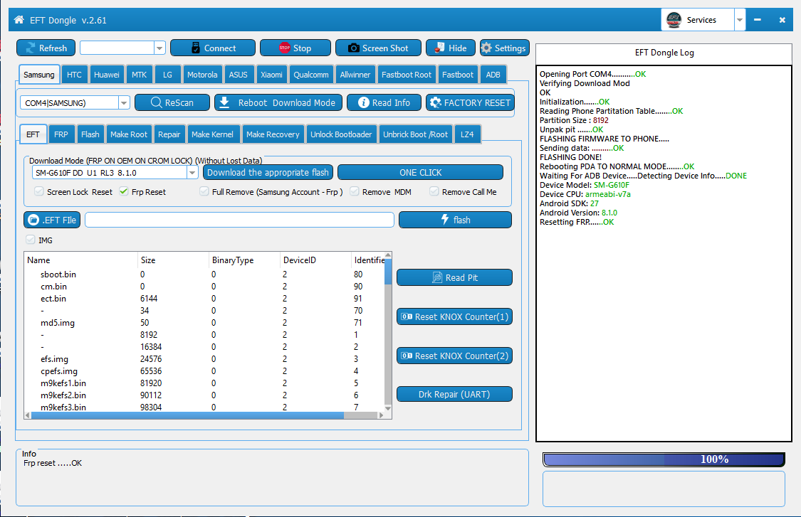 SM-G610F 8.1.0 Resetting FRP Done by EFT Dongle