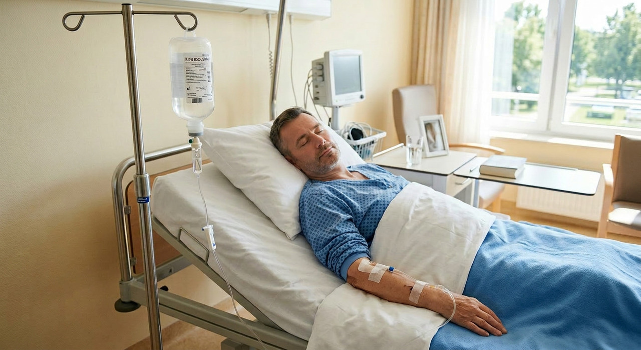 прозрачная капельница закреплённая на штативе рядом с пациентом светлая комната