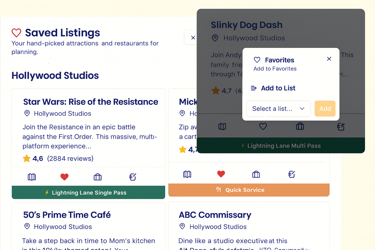 App screenshot showing a list of favorite attractions.