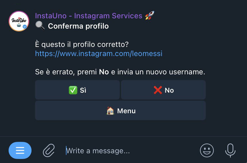 Schermata di conferma del profilo utente Instagram nel bot InstaUno