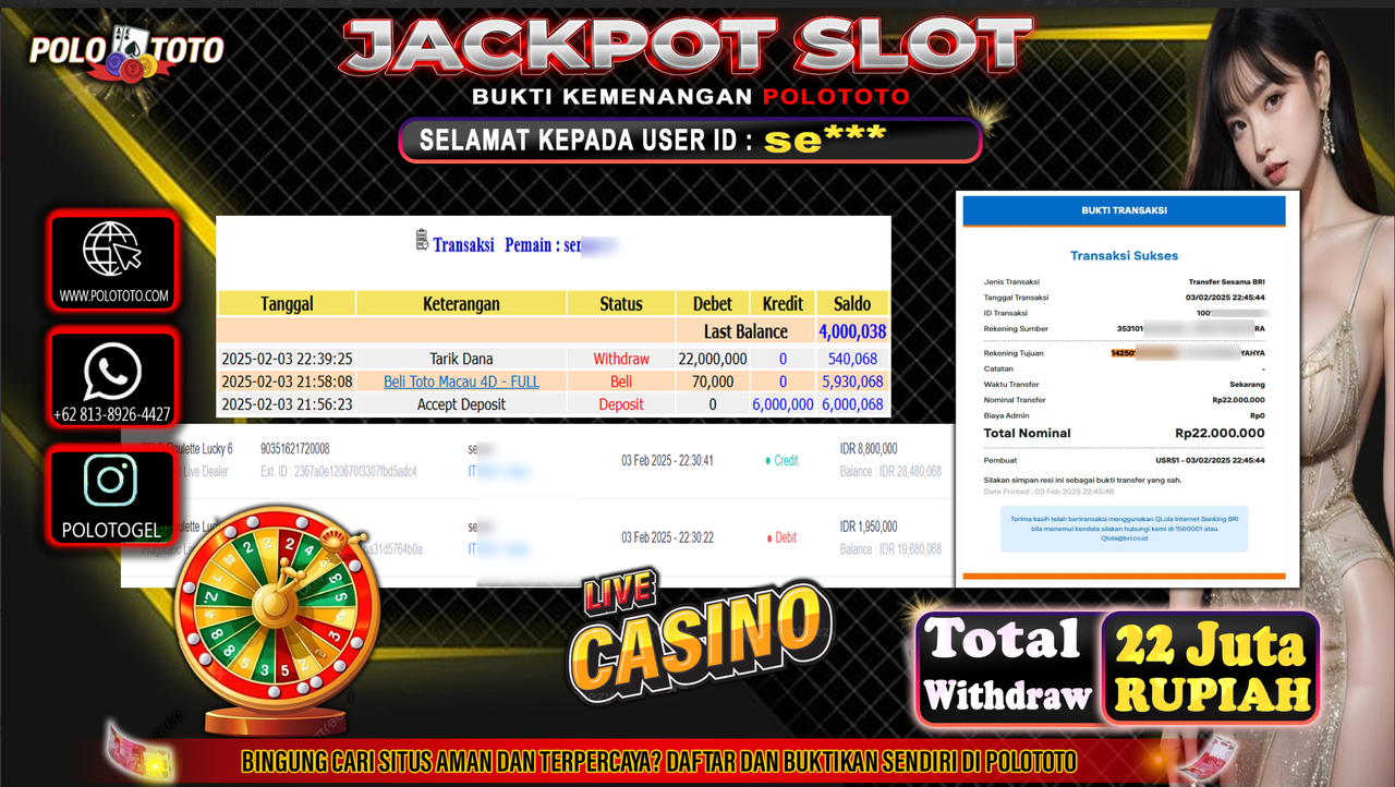 POLOTOTO JACKPOT LIVE CASINO PPLD ROULETTE LUCKY 6 Rp.22,000.000,-