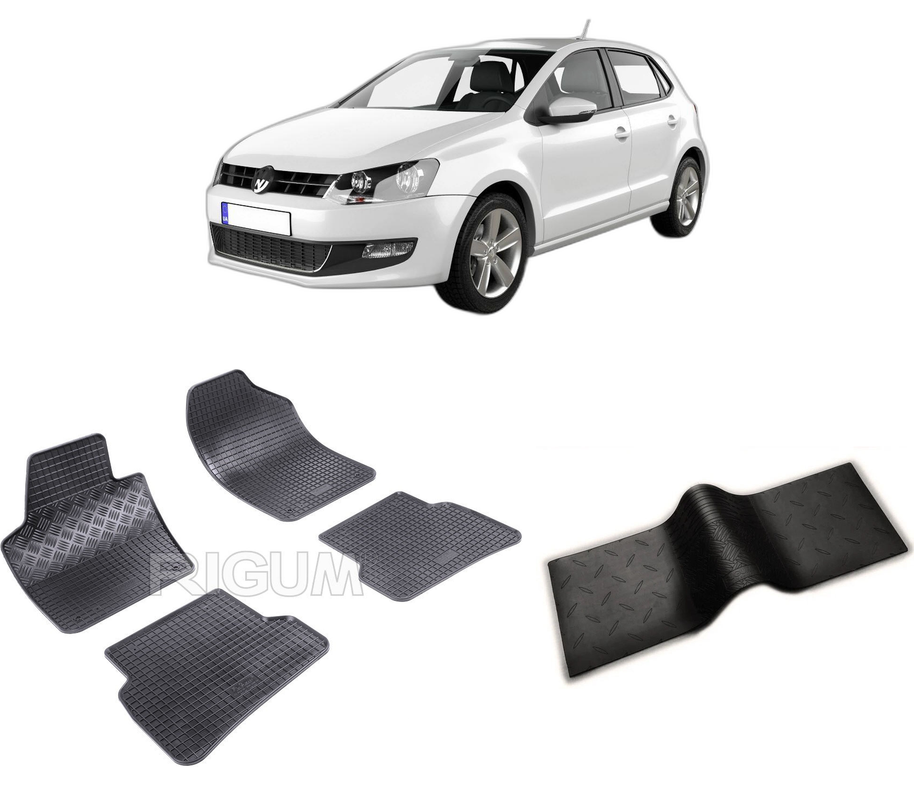 Set covorase auto VOLKSWAGEN POLO V din 05.2009-09.2017, cu covoras tunel median, CAROSERIE HATCHBACK, Presuri cauciuc 100%, compatibil cu autoturismul VOLKSWAGEN POLO V, Rigum
