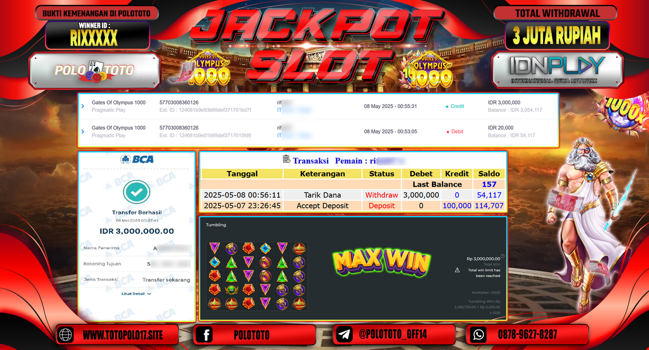 POLOTOTO JACKPOT SLOT GATES OF OLYMPUS 1000 Rp.3.000.000,-