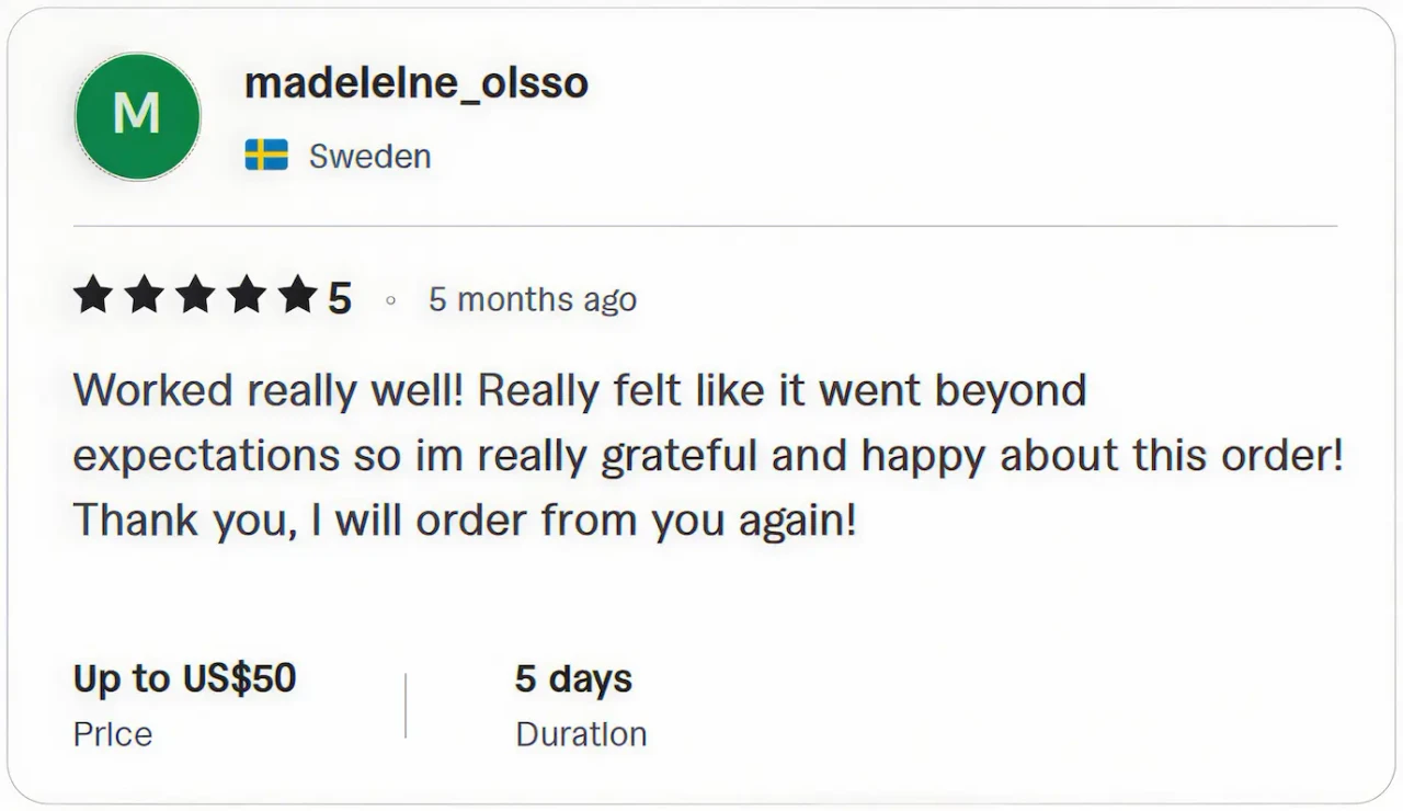 Client review from madeleine_olsso stating the service worked really well and went beyond expectations, leading to a pledge to order again.