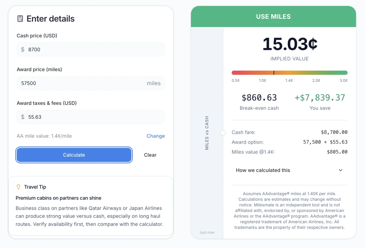 My recent Finnair AAdvantage redemption in the MilesMate Cash vs Miles calculator