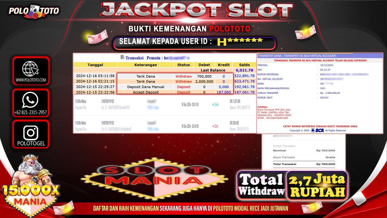 POLOTOTO JACKPOT SLOT 15.000x MANIA Rp.2,700.000,-