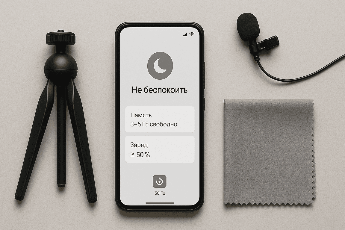 Смартфон с включённым « Не беспокоить», мини штатив, простая петличка, микрофибра