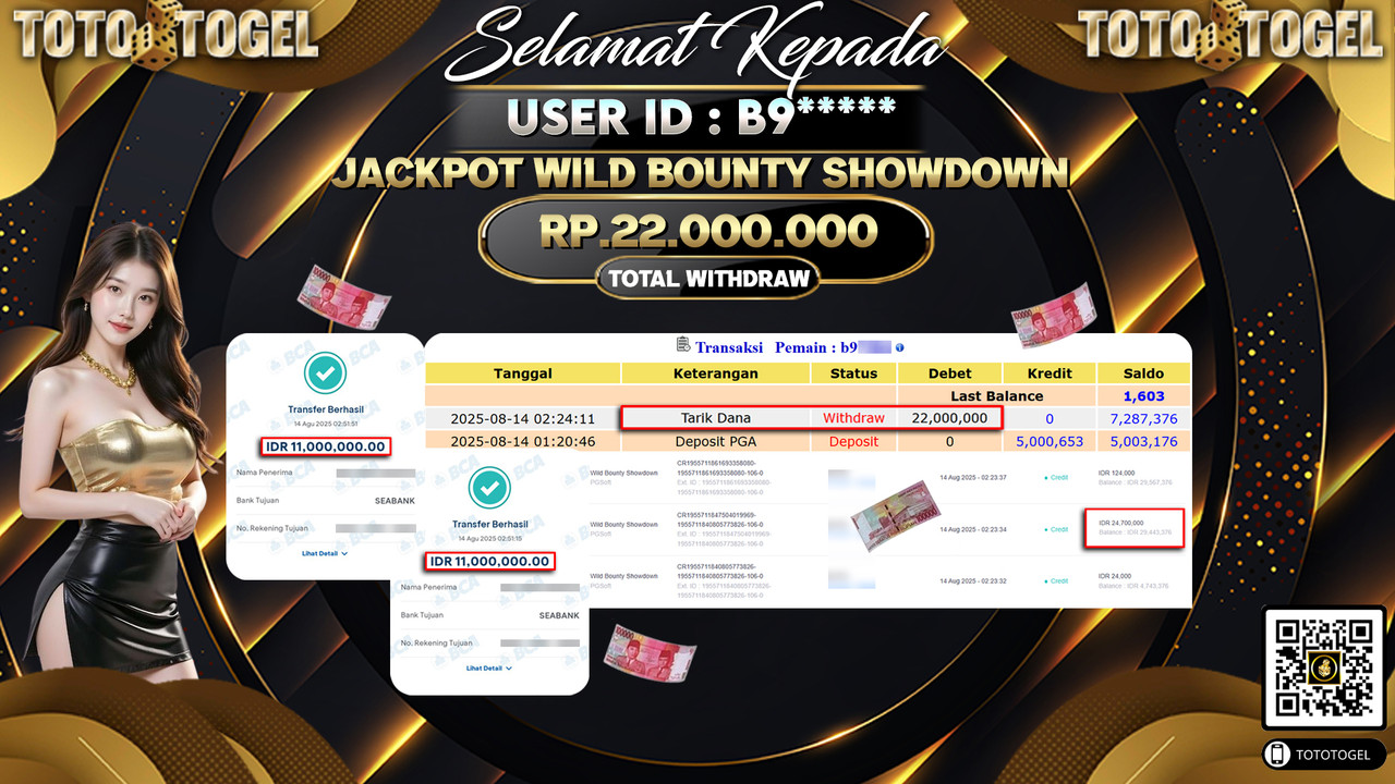 Bukti Pembayaran Jackpot Permainan Slot Wild Bounty Showdown ID:B9***** LUNAS