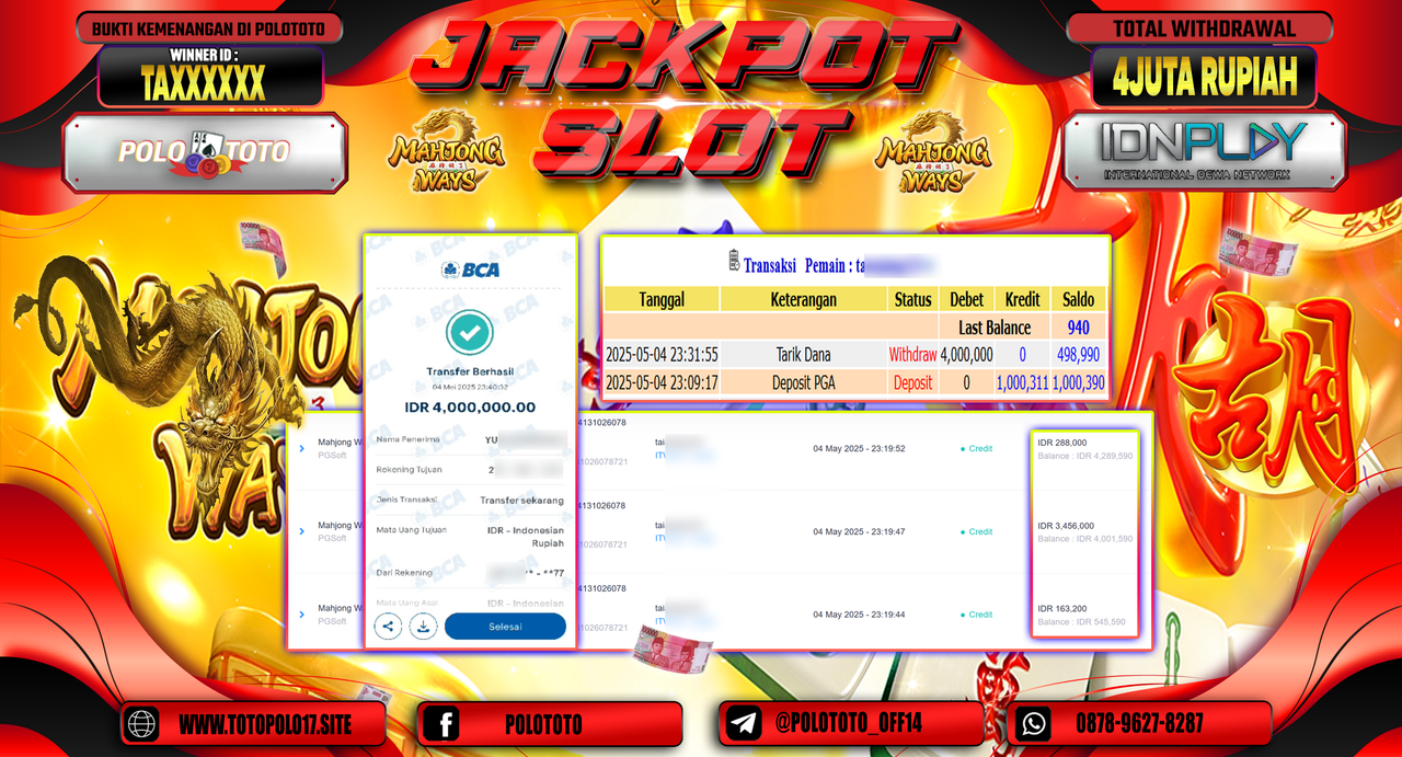 POLOTOTO JACKPOT SLOT MAHJONG WAYS Rp.4.000.000,-