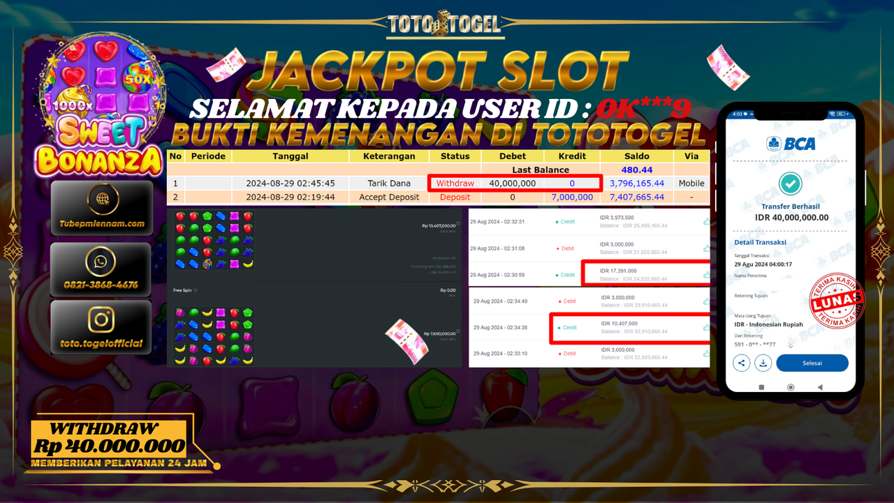 Bukti Pembayaran Permainan SLOT  Sweet Bonanza   Dengan ID : OK***9 LUNASS