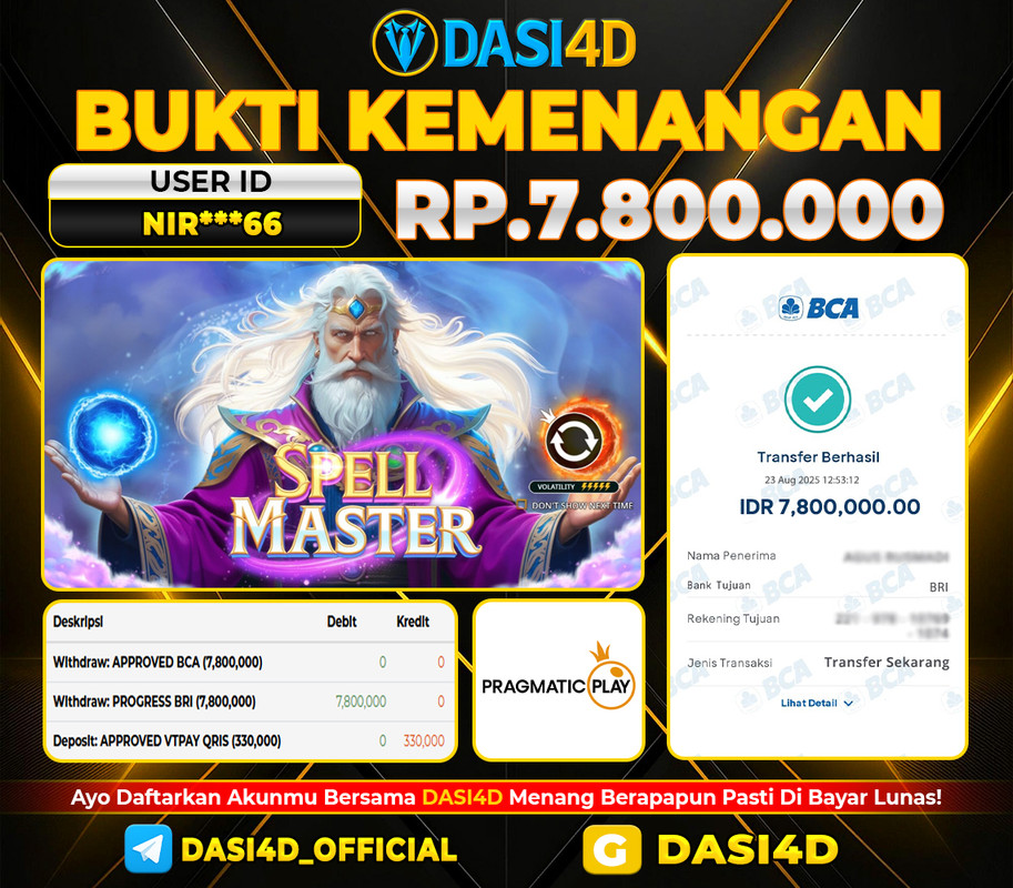 BUKTI KEMENANGAN 23 AGUSTUS 2025 DI  SPELL MASTER WD RP. 7.800.000