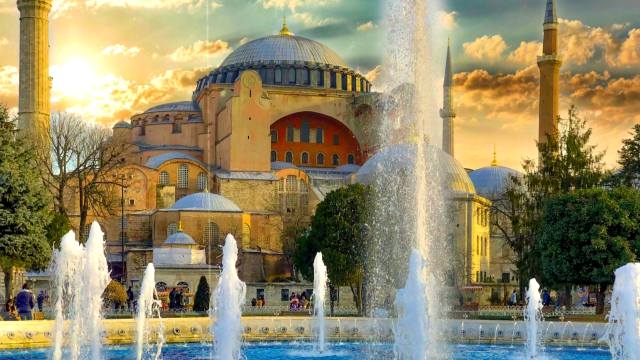 Hagia Sophia with surrounding courtyard and visitors