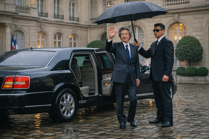 Photographie prise par un journaliste westalien d'Henry Takajiwa, Ministre fédéral aux affaires étrangères de la Grande République, saluant le parterre de journalistes avant de rejoindre ses hôtes, à Wynterhall, Royaume de Brocelynwood, le 7 septembre 2018.