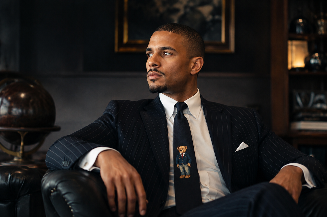 Light-skinned Black man wearing a Polo Ralph Lauren pinstripe suit and vintage 1991 Polo Bear tie, turning toxic manager experiences into motivation for spiritual growth and silent affiliate marketing profits