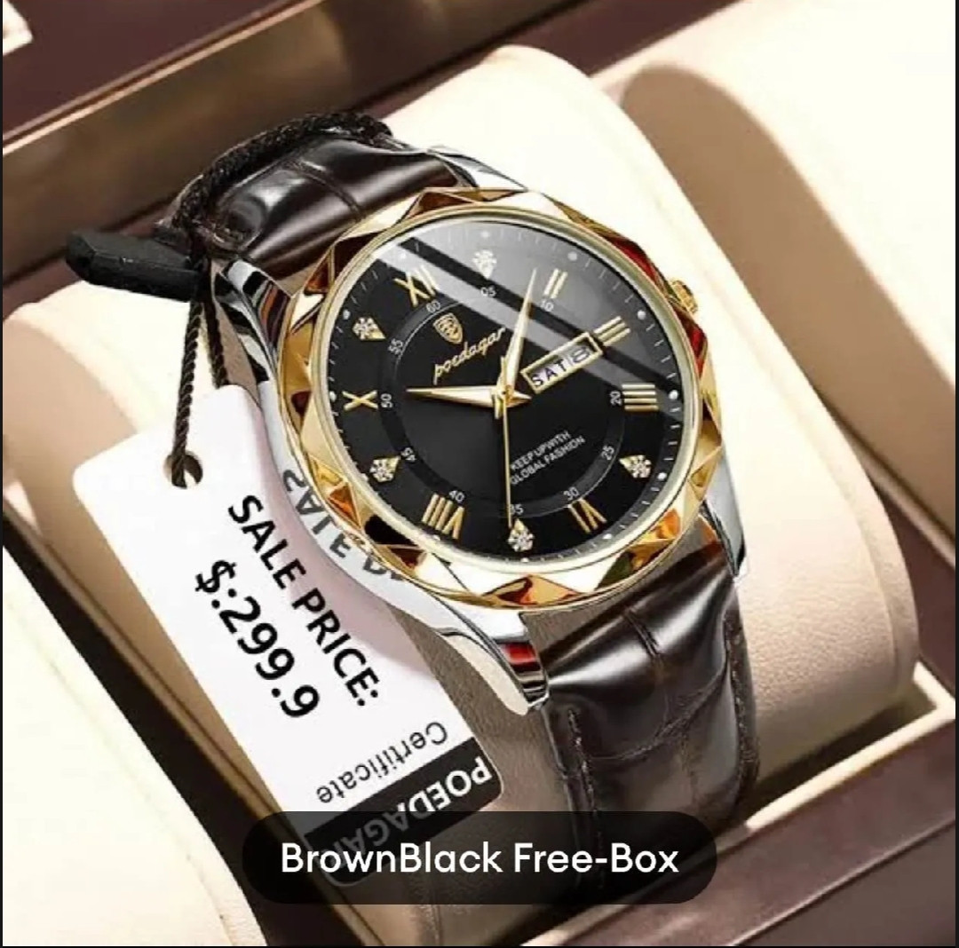 পোয়োডাগার ৬১৫ লেদার কোয়ার্টজ লাক্সারি বিজনেস ম্যান রিস্টওয়াচ ডেট উইক ওয়াচ ফর মেন