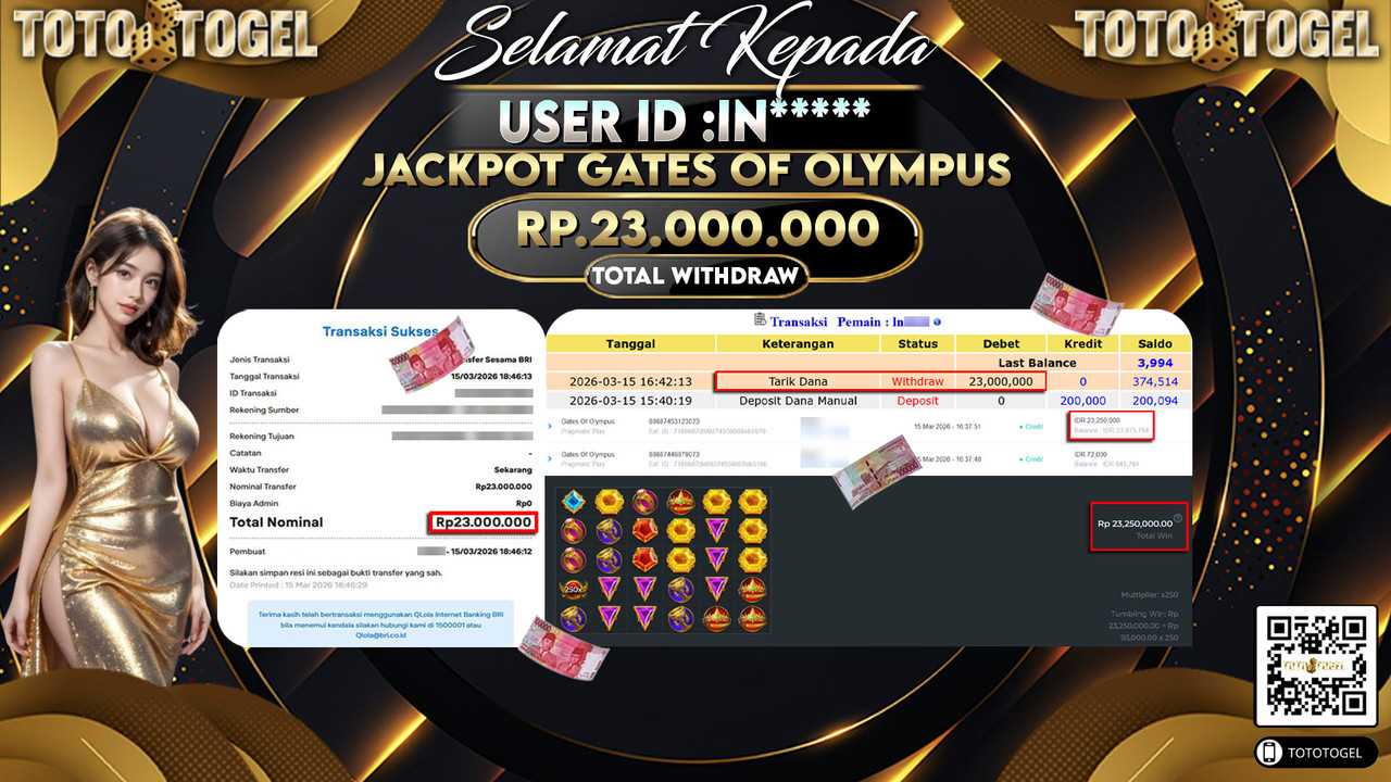 Bukti Pembayaran Jackpot Permainan Slot Gates Of Olympus ID:IN*****LUNAS