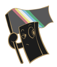 a digital drawing of my character, Phantom Part Two. He is depicted as a small rectangular cross shaped being with a thick gold outline and coloured in light black. He is holding a flag with his left hand, which is shown to be the Disability Pride flag. He does not have a right hand or arm in this drawing, since he can put his arms away when he feels like it. His expression is of a nonchalant type, where his left eye is half shut because of a droopy eyelid condition. (Ptosis.) He has a static mouth, not smiling but not sad either.