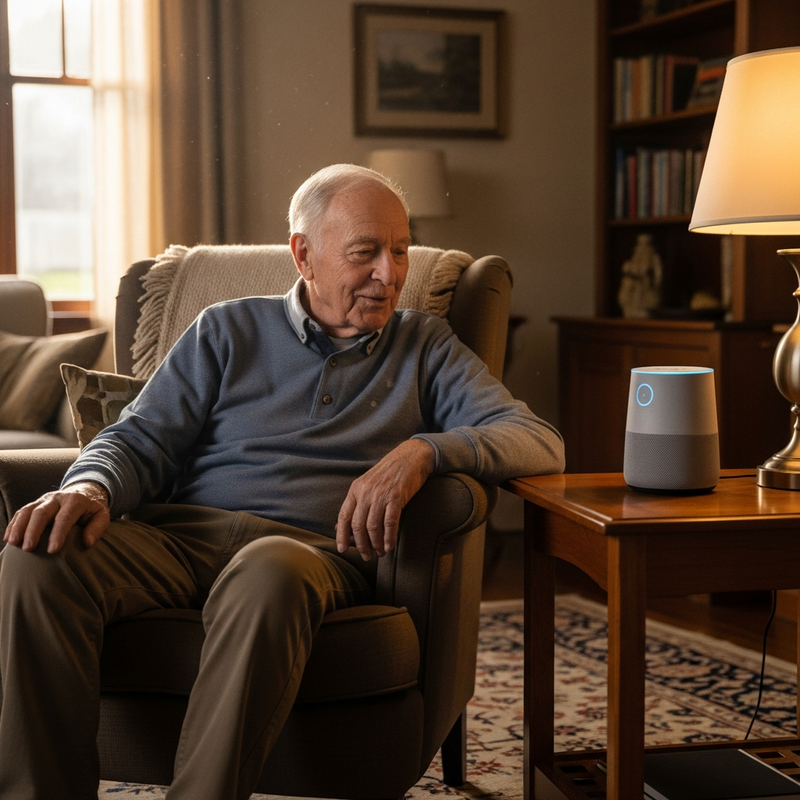 Elderly person using voice assistant to control smart home devices hands-free