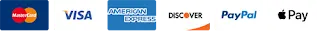 We Accept Visa, Mastercard, American Express, Discover, PayPal, and Apple Pay