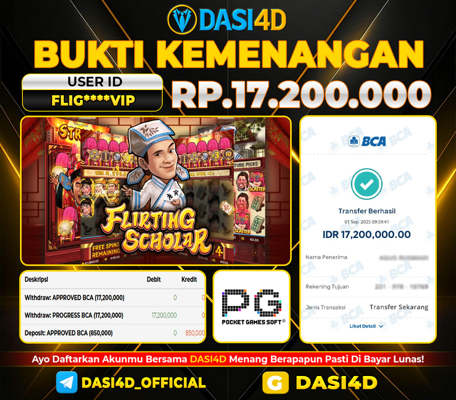 BUKTI KEMENANGAN 01 SEPTEMBER  2025 DI FLIRTING SCHOLAR  RP. 17.200.000