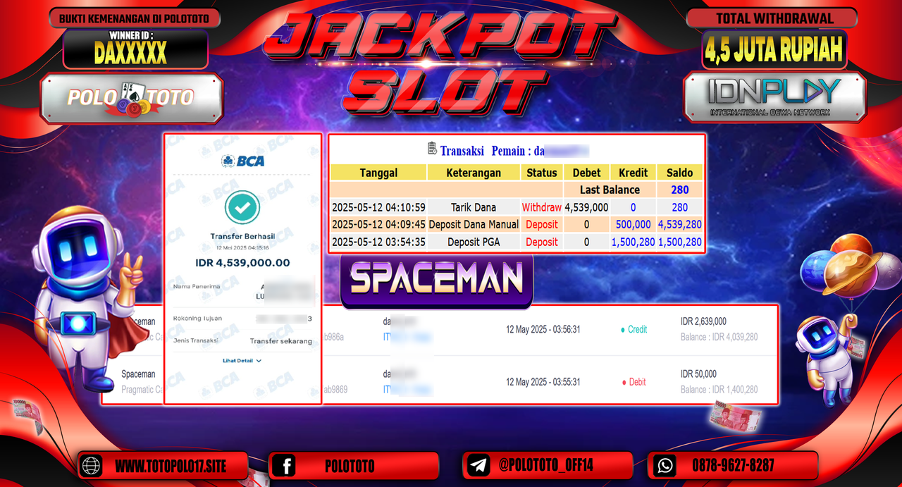 POLOTOTO JACKPOT SLOT SPACEMAN Rp.4.539.000,-