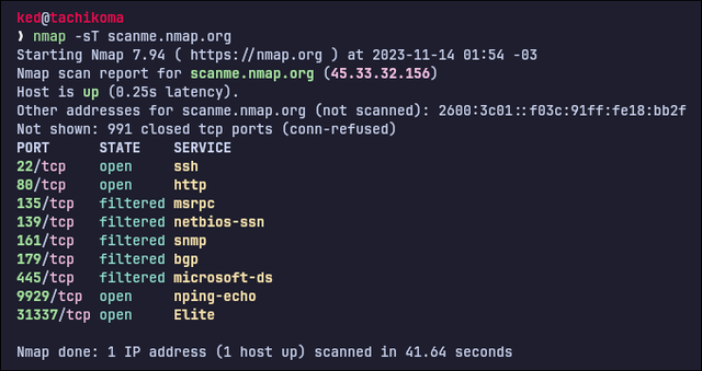 A Network Mapper (nmap) scan with Generic Colorizer (grc) prepended through an alias definition, displaying the relevant results with colors.