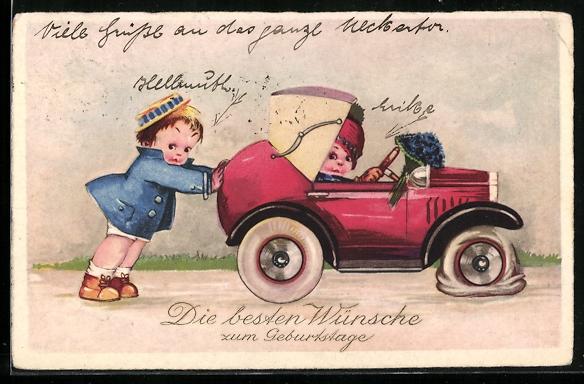 AK Kind schiebt ein Auto mit plattem Reifen Glueckwunsch zum Namenstag