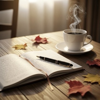 A warm, creative workspace scene with an open notebook, a fountain pen, a steaming coffee cup, and scattered autumn leaves on a wooden desk. Soft morning light filters in, creating a cozy, focused atmosphere perfect for writing.