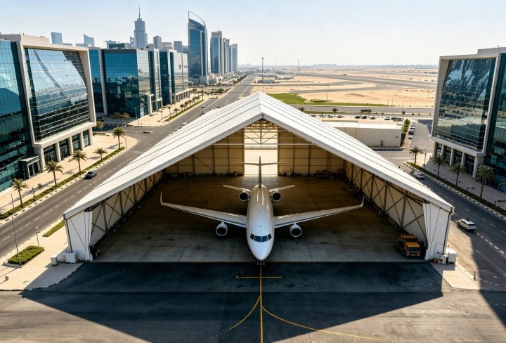 Interior view of aircraft hangar tent showing clear-span space